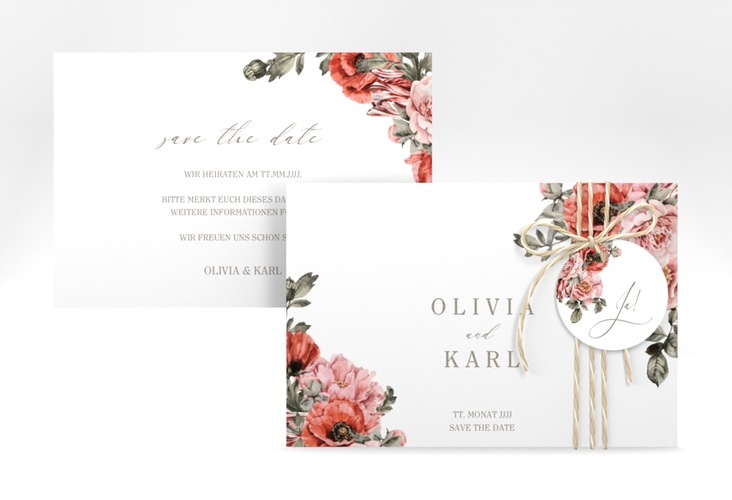 Save the Date-Karte Grazioso A6 Karte quer modern mit Mohnblumen und Rosen