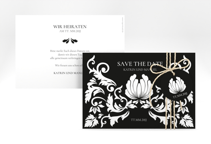 Save the Date-Karte Royal A6 Karte quer schwarz mit barockem Blumen-Ornament