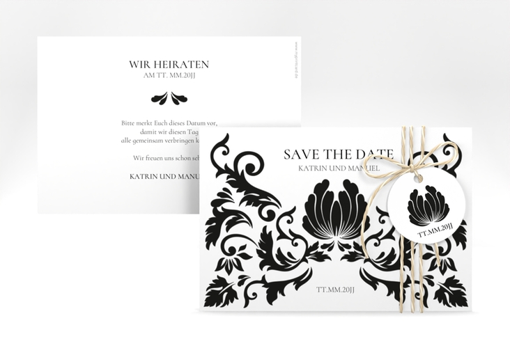 Save the Date-Karte Royal A6 Karte quer weiss hochglanz mit barockem Blumen-Ornament