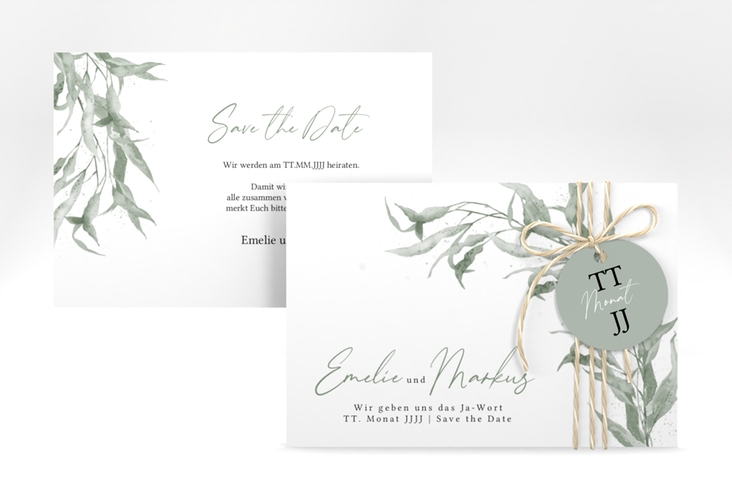 Save the Date-Karte Eucalyptus Green A6 Karte quer weiss