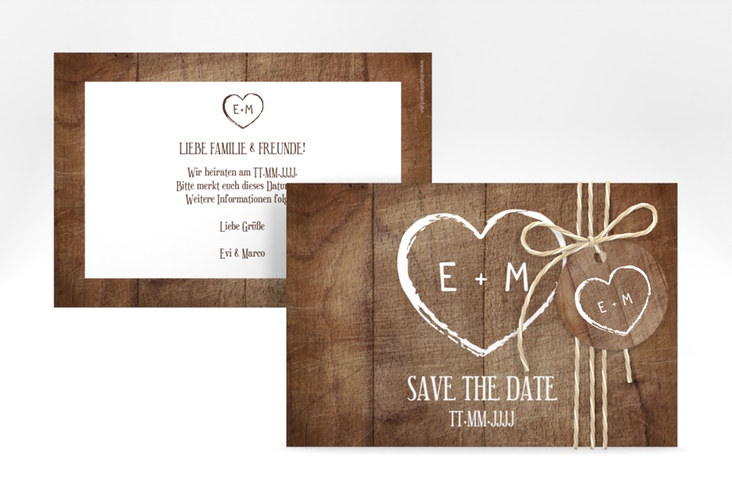 Save the Date-Karte Wood A6 Karte quer braun in Holz-Optik mit Herz und Initialen