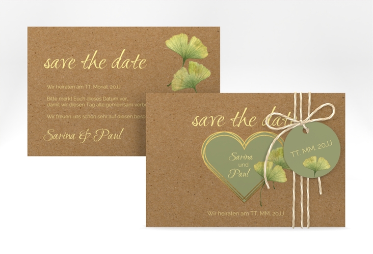 Save the Date-Karte Ginko A6 Karte quer hochglanz mit Herz und zwei Ginkgo-Blättern