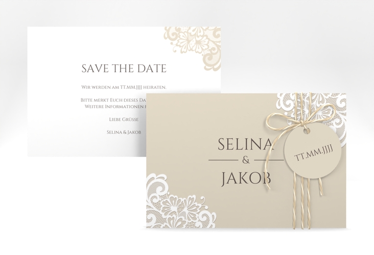 Save the Date-Karte Vintage A6 Karte quer beige mit floraler Spitze