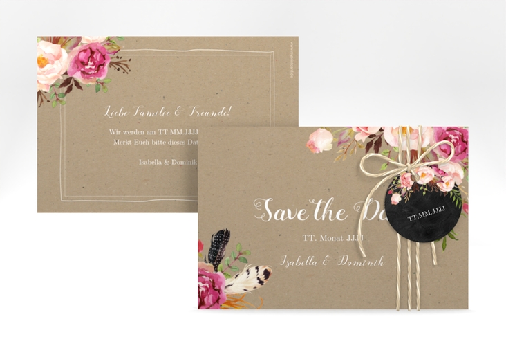 Save the Date-Karte Flowers A6 Karte quer Kraftpapier mit bunten Aquarell-Blumen