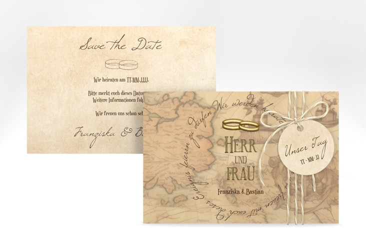 Save the Date-Karte Zwei Ringe A6 Karte quer beige mit Eheringen und Fantasy-Landkarte