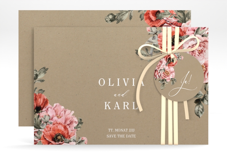 Save the Date-Karte Grazioso A6 Karte quer Kraftpapier modern mit Mohnblumen und Rosen