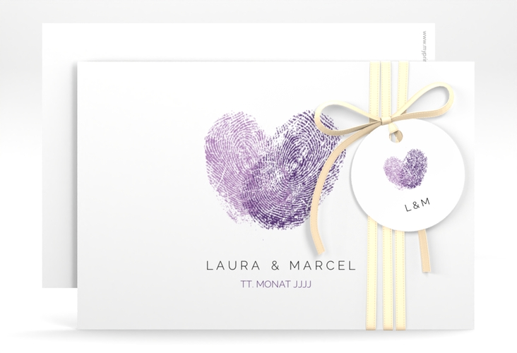 Save the Date-Karte Fingerprint A6 Karte quer lila hochglanz schlicht mit Fingerabdruck-Motiv