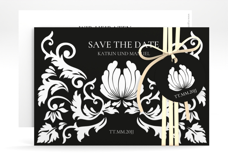 Save the Date-Karte Royal A6 Karte quer schwarz hochglanz mit barockem Blumen-Ornament