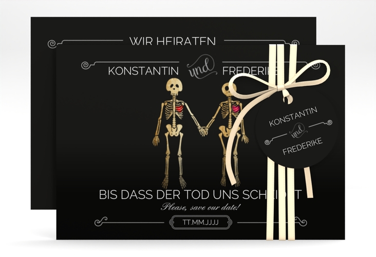 Save the Date-Karte Bones A6 Karte quer lustig mit Skelett-Brautpaar