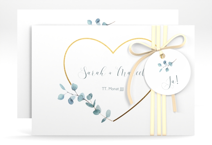 Save the Date-Karte Greenheart A6 Karte quer gold mit elegantem Herz und Eukalyptus-Zweig