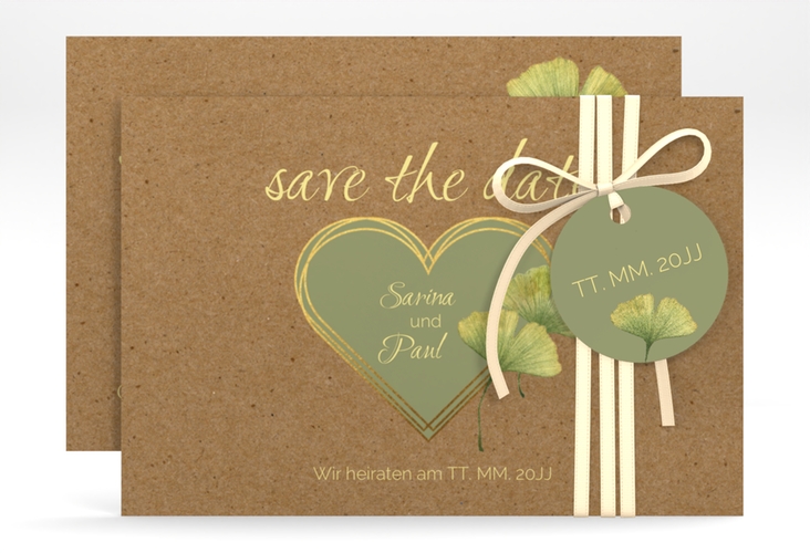 Save the Date-Karte Ginko A6 Karte quer mit Herz und zwei Ginkgo-Blättern