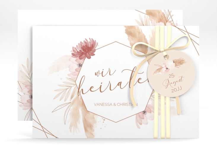 Save the Date-Karte Bohostyle A6 Karte quer beige hochglanz mit Pampasgras in Aquarell