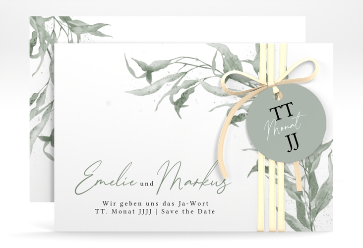 Save the Date-Karte Eucalyptus Green A6 Karte quer weiss