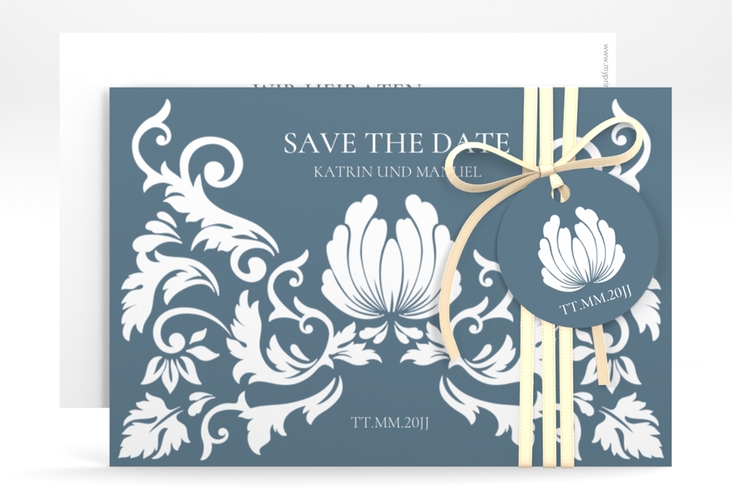 Save the Date-Karte Royal A6 Karte quer blau hochglanz mit barockem Blumen-Ornament