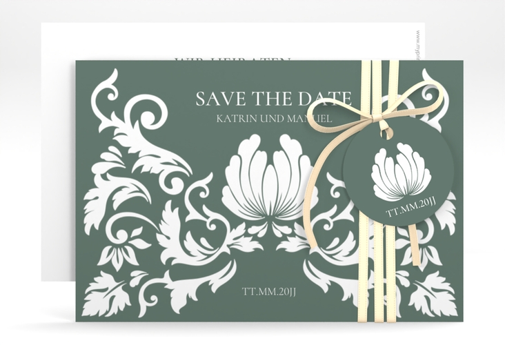 Save the Date-Karte Royal A6 Karte quer gruen mit barockem Blumen-Ornament