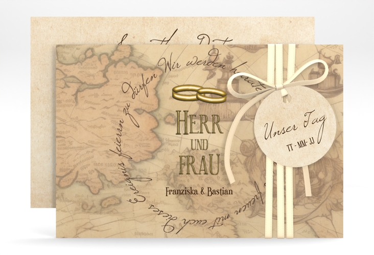 Save the Date-Karte Zwei Ringe A6 Karte quer mit Eheringen und Fantasy-Landkarte