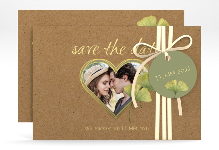 Save the Date-Karte Ginko A6 Karte quer mit Herz und zwei Ginkgo-Blättern