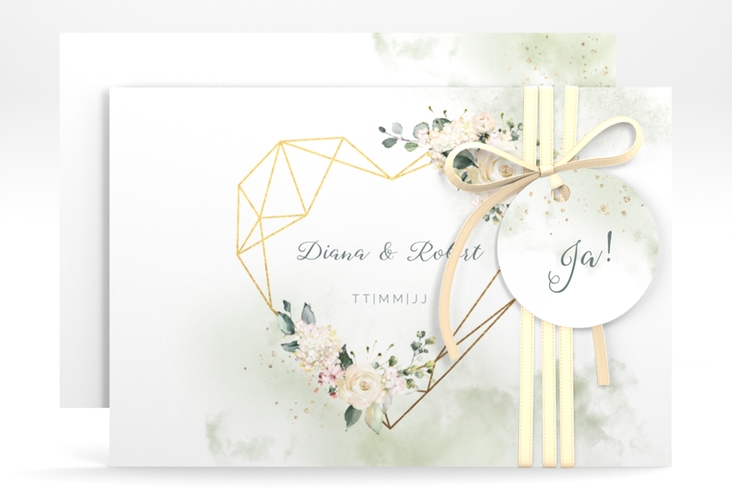 Save the Date-Karte Adore A6 Karte quer gruen mit geometrischem Herz und Rosen in Aquarell