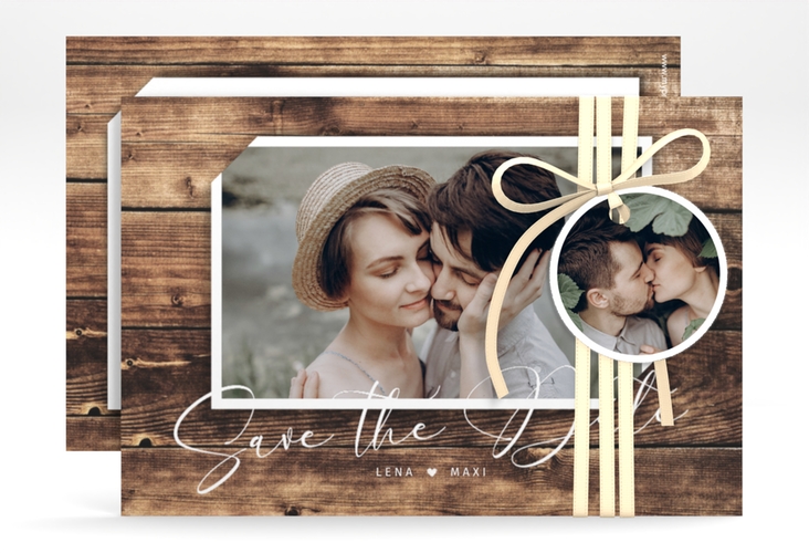 Save the Date-Karte Rustic A6 Karte quer in Holz-Optik mit Foto