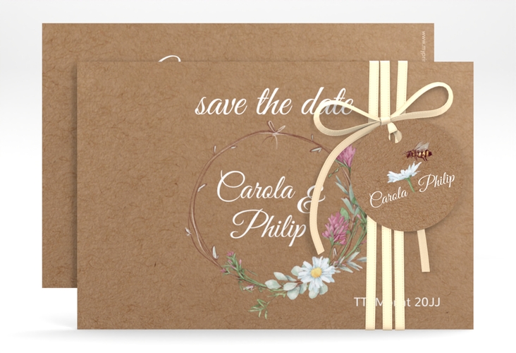 Save the Date-Karte Honey A6 Karte quer Kraftpapier hochglanz mit Wiesenblumen und Biene