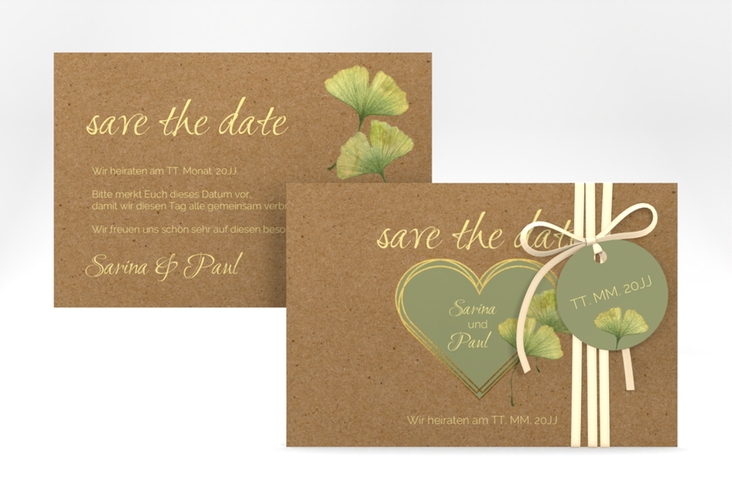 Save the Date-Karte Ginko A6 Karte quer Kraftpapier mit Herz und zwei Ginkgo-Blättern