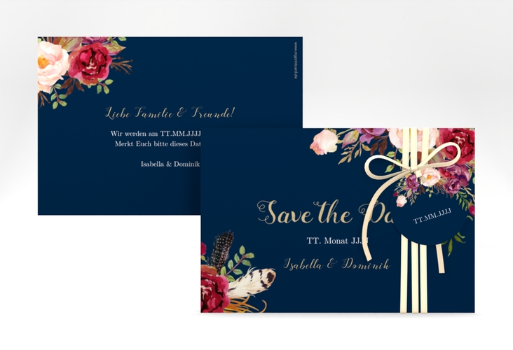 Save the Date-Karte Flowers A6 Karte quer blau hochglanz mit bunten Aquarell-Blumen