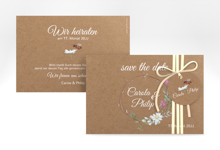 Save the Date-Karte Honey A6 Karte quer Kraftpapier hochglanz mit Wiesenblumen und Biene