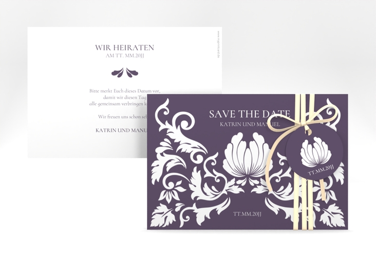 Save the Date-Karte Royal A6 Karte quer lila hochglanz mit barockem Blumen-Ornament