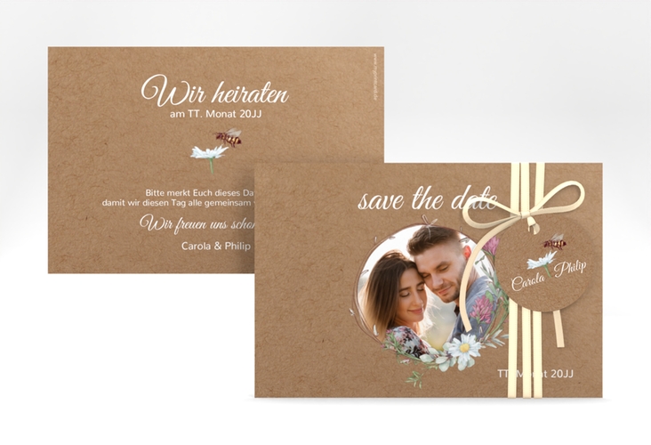 Save the Date-Karte Honey A6 Karte quer Kraftpapier hochglanz mit Wiesenblumen und Biene