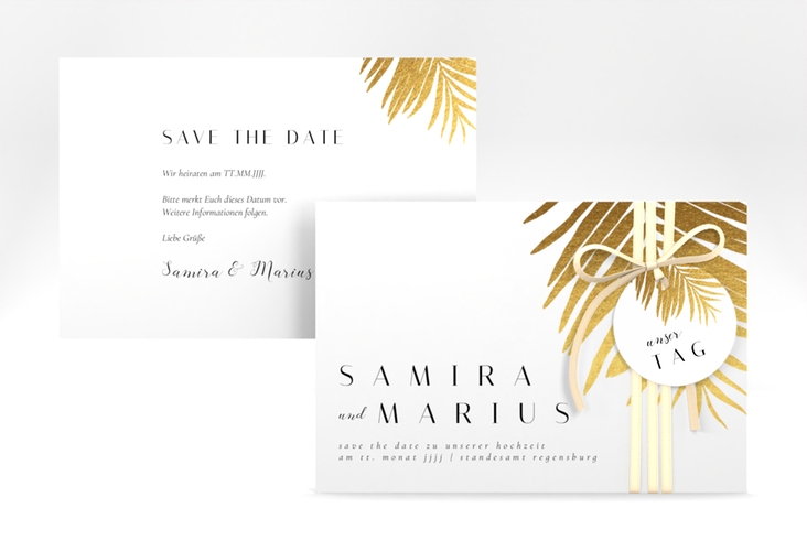 Save the Date-Karte Palmenblatt A6 Karte quer gold hochglanz mit Palmenwedel