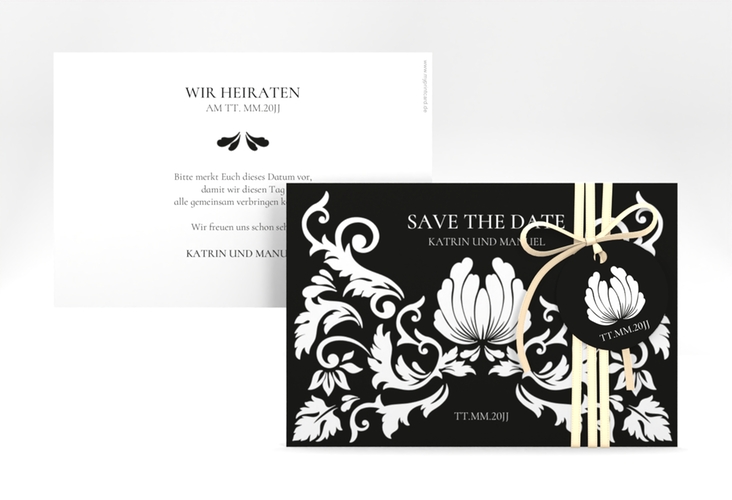 Save the Date-Karte Royal A6 Karte quer schwarz hochglanz mit barockem Blumen-Ornament