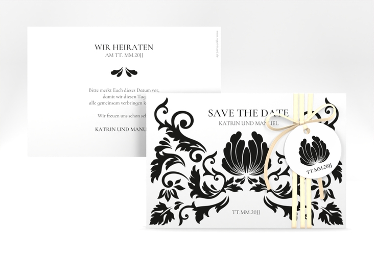 Save the Date-Karte Royal A6 Karte quer weiss hochglanz mit barockem Blumen-Ornament