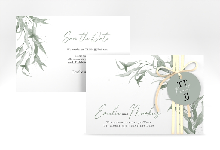 Save the Date-Karte Eucalyptus Green A6 Karte quer weiss