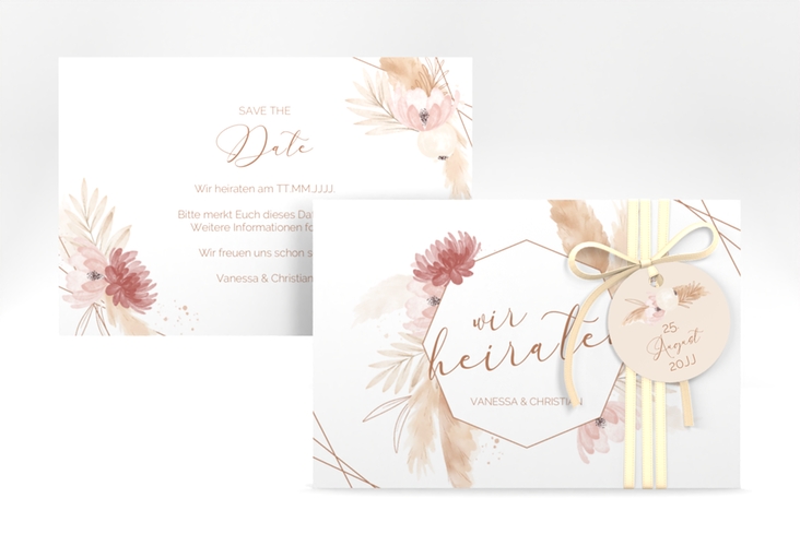 Save the Date-Karte Bohostyle A6 Karte quer beige mit Pampasgras in Aquarell