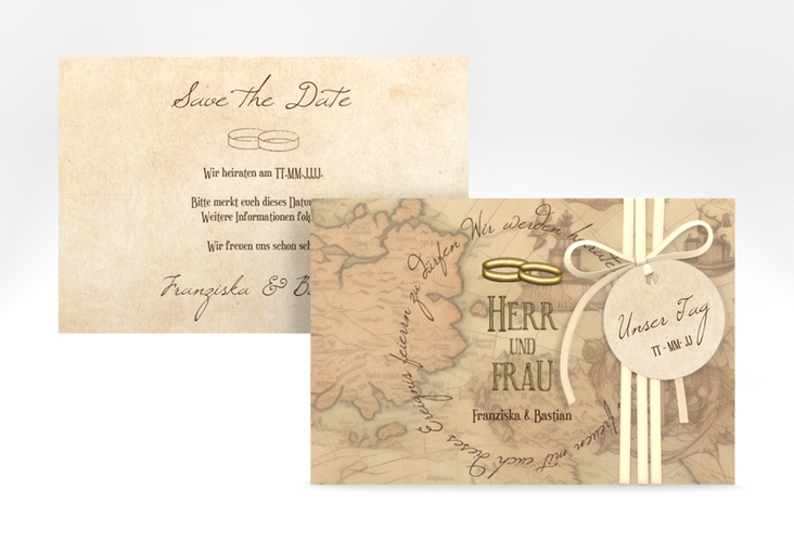 Save the Date-Karte Zwei Ringe A6 Karte quer beige mit Eheringen und Fantasy-Landkarte