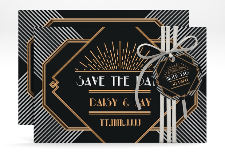 Save the Date-Karte Hochzeit Gatsby A6 Karte quer schwarz im Art Déco Stil der 1920er Jahre