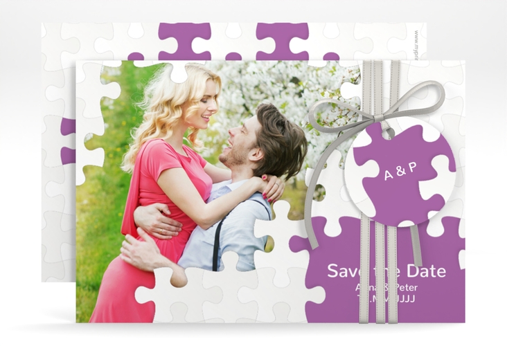 Save the Date-Karte Hochzeit Puzzle A6 Karte quer lila