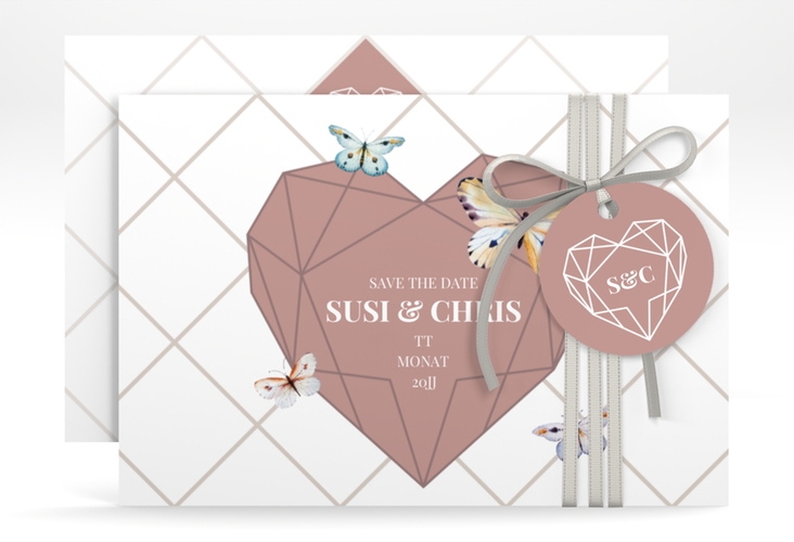 Save the Date-Karte Butterfly A6 Karte quer hochglanz mit Schmetterlingen und Herz im Geometric Design