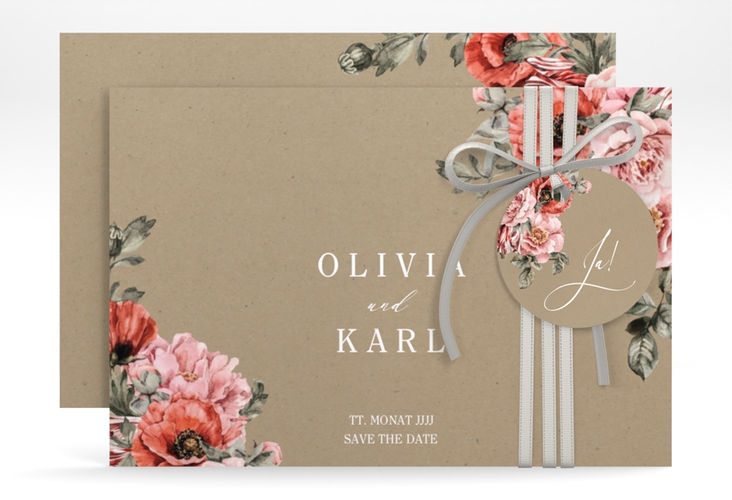 Save the Date-Karte Grazioso A6 Karte quer Kraftpapier modern mit Mohnblumen und Rosen