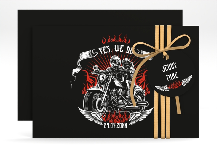 Save the Date-Karte Biker A6 Karte quer mit Rocker-Paar auf Motorrad