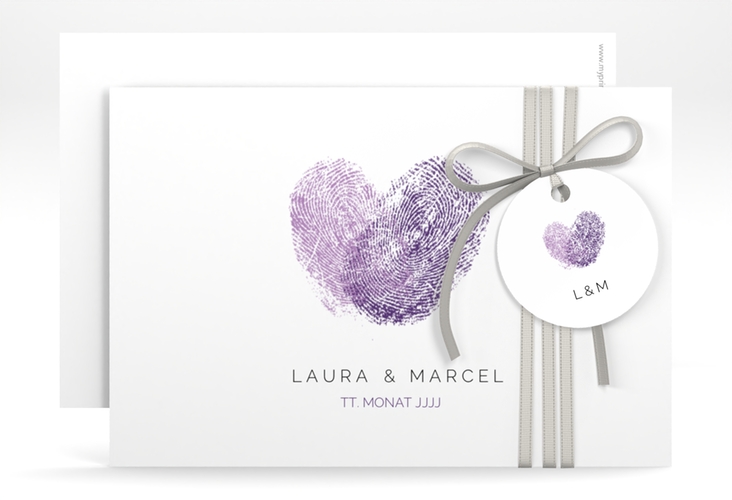 Save the Date-Karte Fingerprint A6 Karte quer lila hochglanz schlicht mit Fingerabdruck-Motiv