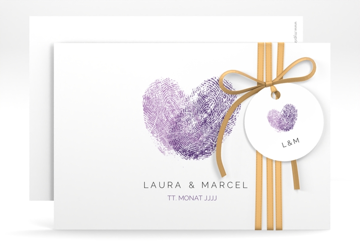 Save the Date-Karte Fingerprint A6 Karte quer lila hochglanz schlicht mit Fingerabdruck-Motiv