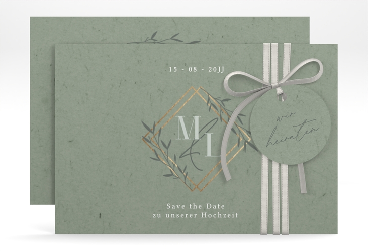 Save the Date-Karte Greenletter A6 Karte quer hochglanz mit Initialen in elegantem Goldrahmen mit Blättern