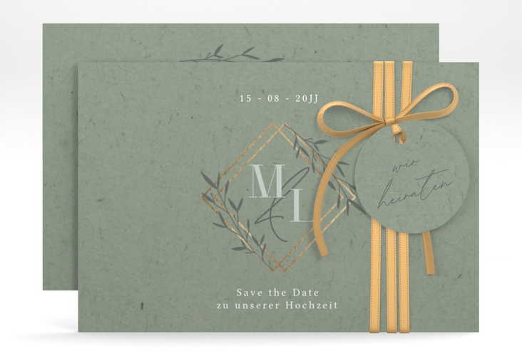 Save the Date-Karte Greenletter A6 Karte quer hochglanz mit Initialen in elegantem Goldrahmen mit Blättern