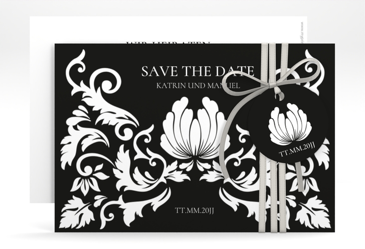 Save the Date-Karte Royal A6 Karte quer schwarz hochglanz mit barockem Blumen-Ornament