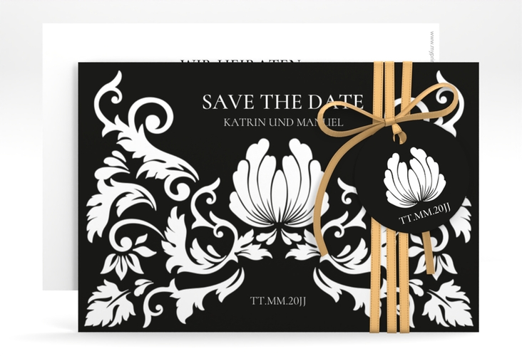 Save the Date-Karte Royal A6 Karte quer schwarz mit barockem Blumen-Ornament