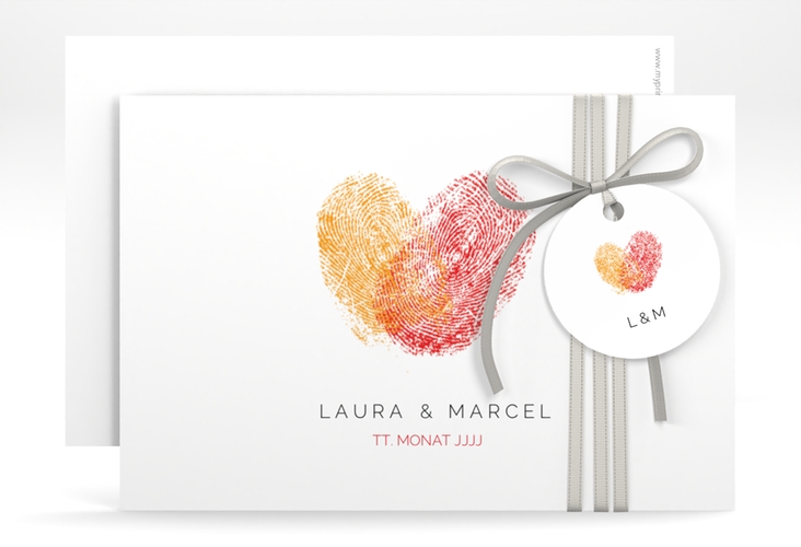 Save the Date-Karte Fingerprint A6 Karte quer rot hochglanz schlicht mit Fingerabdruck-Motiv