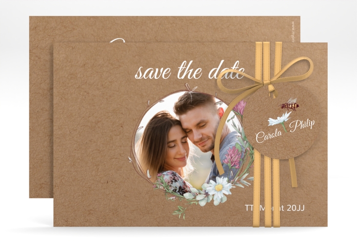 Save the Date-Karte Honey A6 Karte quer mit Wiesenblumen und Biene