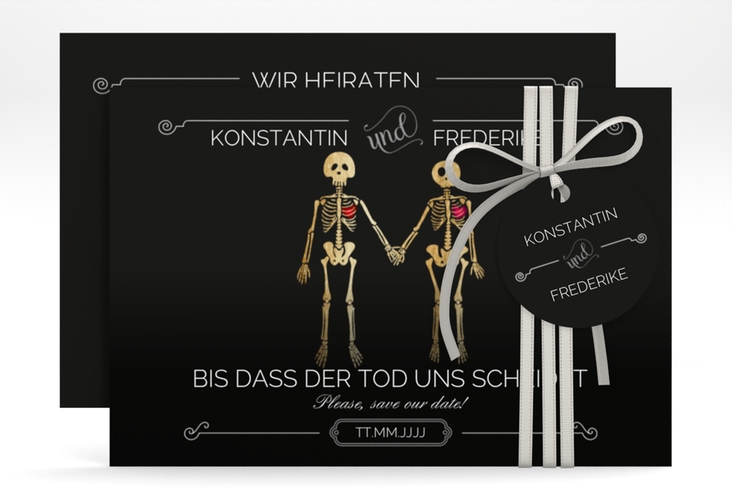 Save the Date-Karte Bones A6 Karte quer lustig mit Skelett-Brautpaar