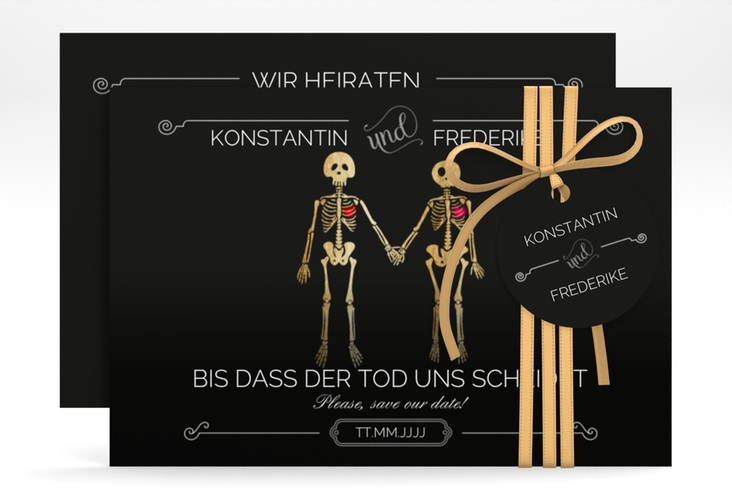 Save the Date-Karte Bones A6 Karte quer lustig mit Skelett-Brautpaar